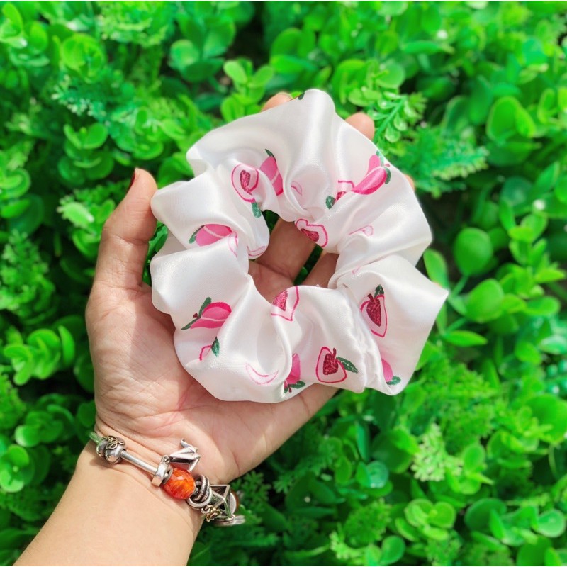 Buộc tóc SCRUNCHIES vải phi bóng hoạ tiết trái cây bơ đào dâu dưa hấu cherry siêu hot