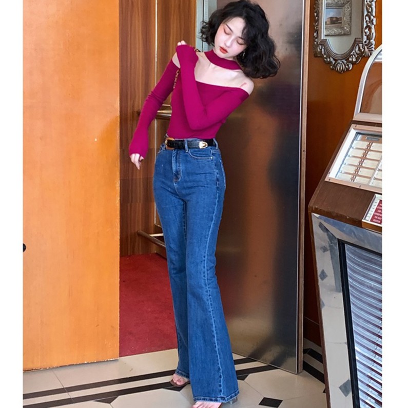 Áo dệt kim trễ vai dáng ôm phong cách retro thời trang mùa thu