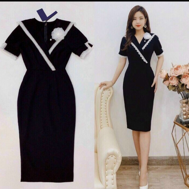 Đầm Thun Ôm Body Cổ Đắp Chéo Phối Ren Duyên Dáng[Hàng Thiết Kế Chuẩn Shop]