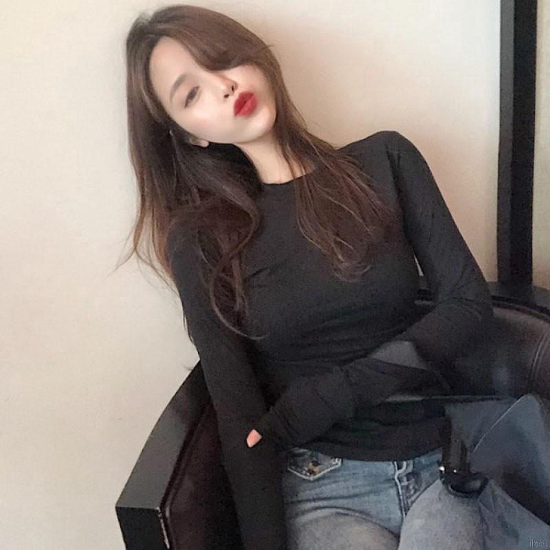 Áo thun tay dài màu trơn xinh xắn cho nữ sơmi nữ Áo sơ mi