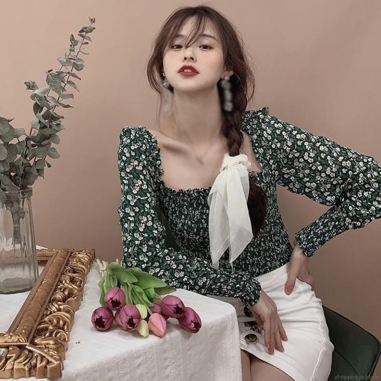 Áo Kiểu Vải Voan Tay Dài Cổ Vuông Họa Tiết Hoa Xinh Xắn Phong Cách Hàn Quốc Đẹp