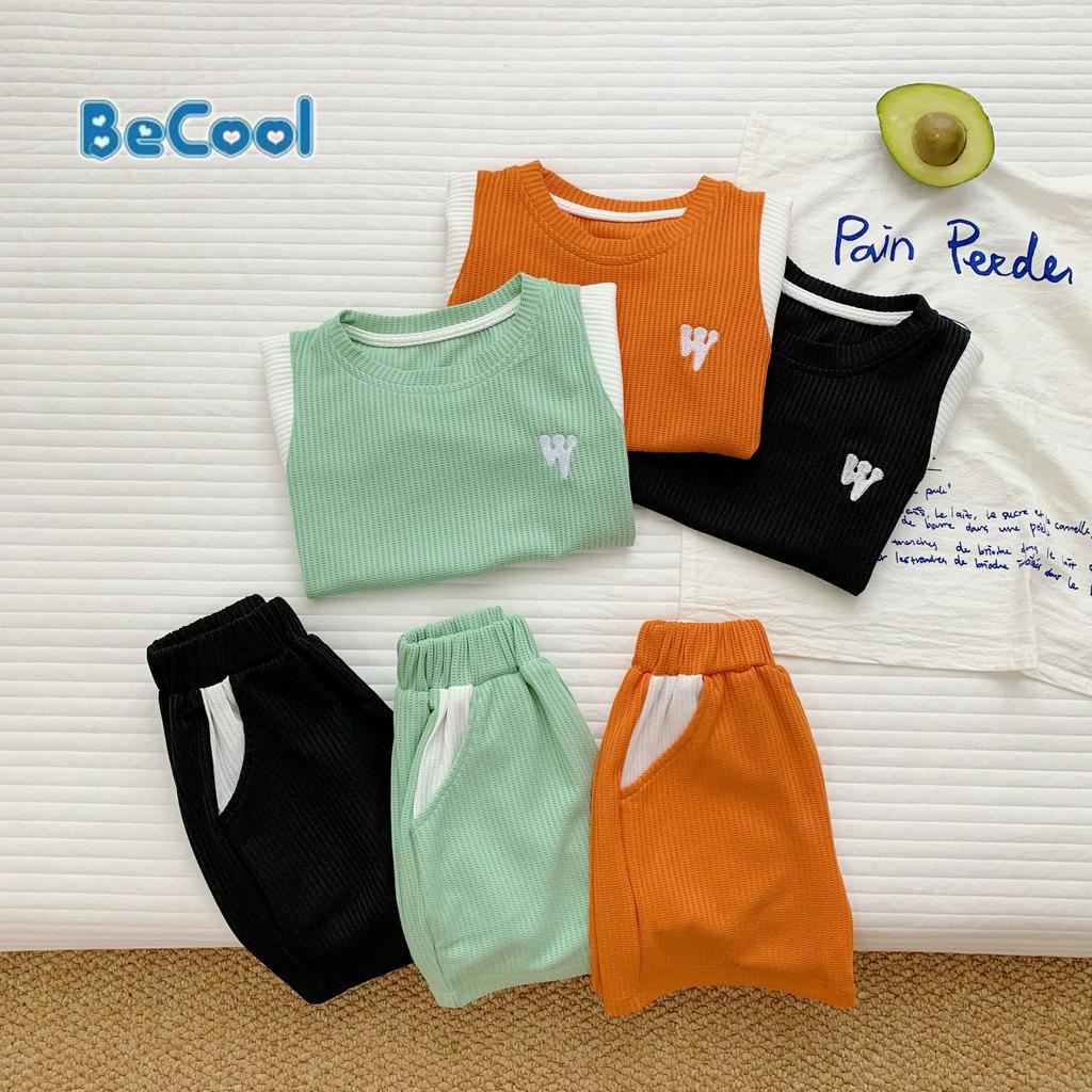 Đồ Bộ Cộc Tay Cho Bé Trai BECOOL Thêu W Chất Thun Tổ Ong Cao Cấp Cho Bé Từ 10-26kg