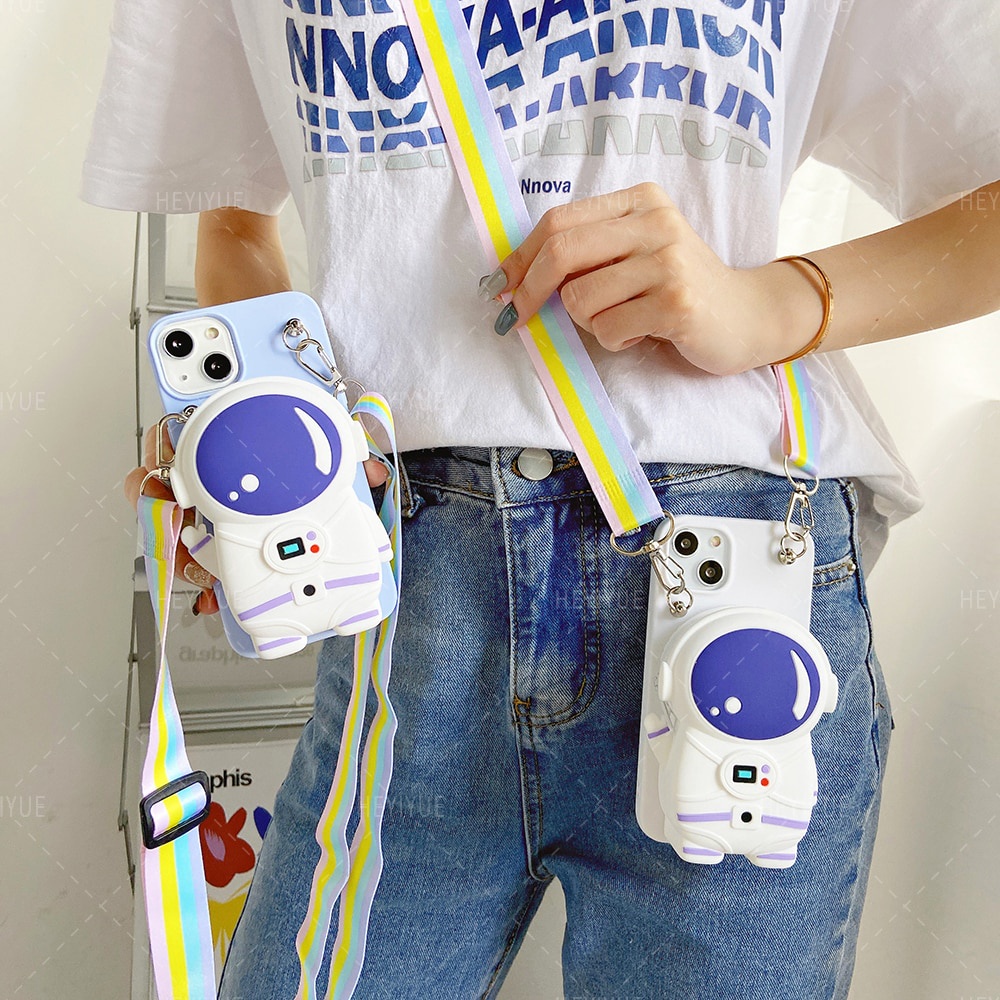 Ốp Điện Thoại Silicon Hình Phi Hành Gia 3D Kèm Dây Đeo Cho iPhone 14 11 12 13 Pro Max 8 7 6 Plus Xr Xs Max Xs X SE 2020 5