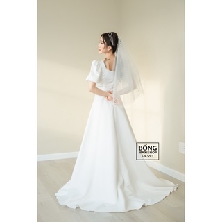 Váy cưới lụa 2 da tay bí cổ vuông DC591