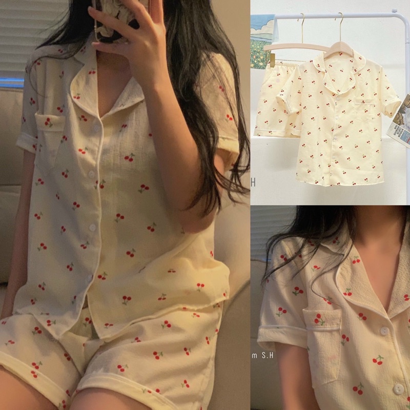 [ ẢNH THẬT ] Set pijama cổ bẻ dáng cộc hoạ tiết xinh xắn. Bộ ngủ nữ pyjama nhiều màu dễ thương