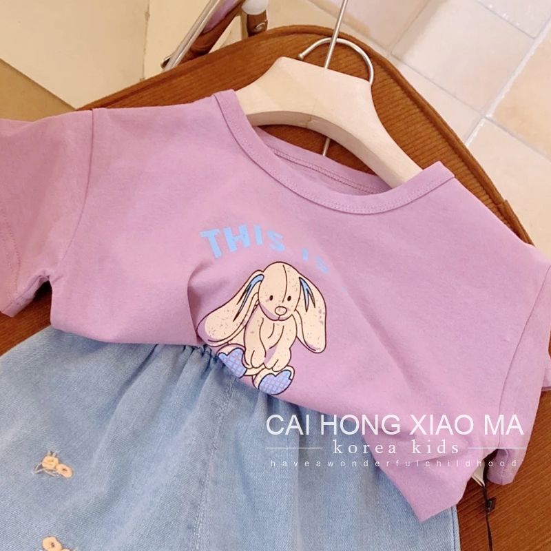 Bộ Trang Phục 2 Mảnh Gồm Áo Tay Cộc In Họa Tiết Hoạt Hình + Quần Short Denim Thời Trang Hàn Quốc Cho Bé Gái
