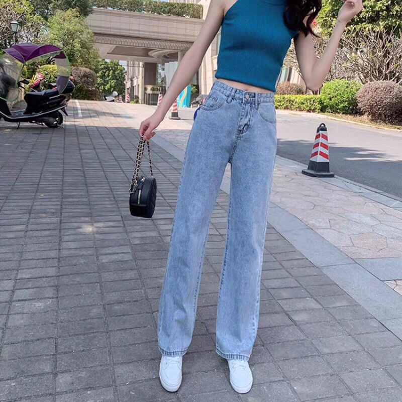 Quần vải bò jean ống rộng suông xuông nữ jeans cạp cao phong cách Hàn Quốc sành điệu style năm 2021