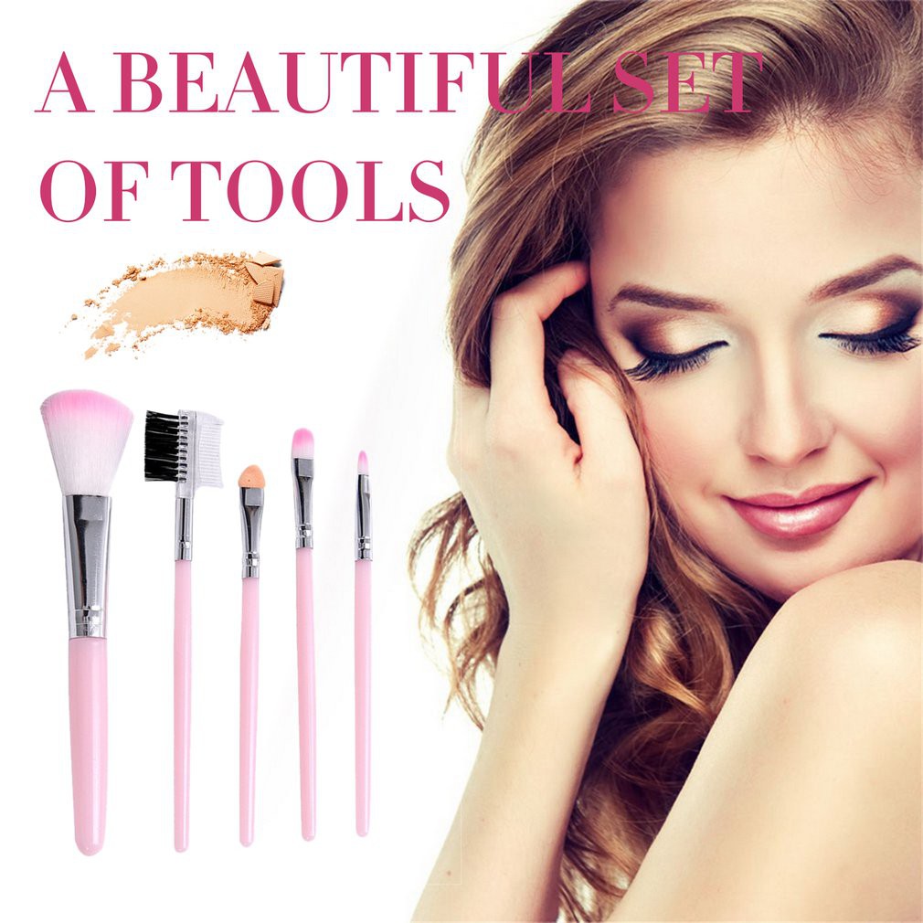 [Hàng mới về] Bộ 5 cọ trang điểm màu hồng tiện lợi dành cho người mới bắt đầu