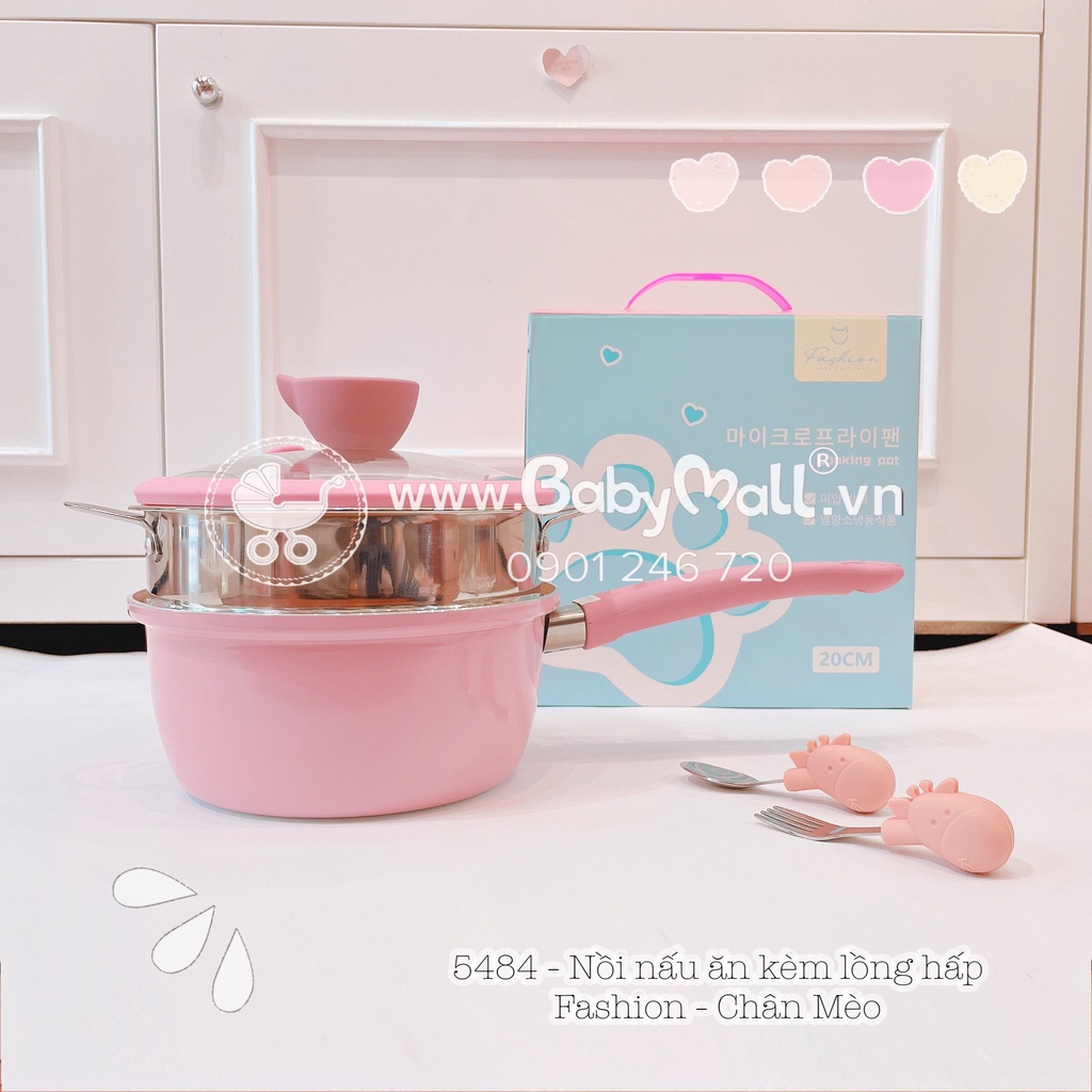 Nồi nấu ăn dặm kèm lồng hấp (Fashion-chân mèo) lớp chống dính cao cấp, size 20cm