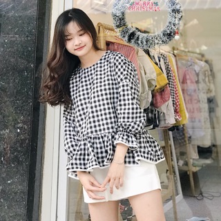 Áo caro đen cột nơ sau phối viền trắng