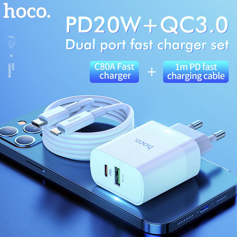 Bộ sạc Hoco C80 và cáp PD 20W to iP, 2 cổng sạc USB và Type-C, chuẩn PD3.0
