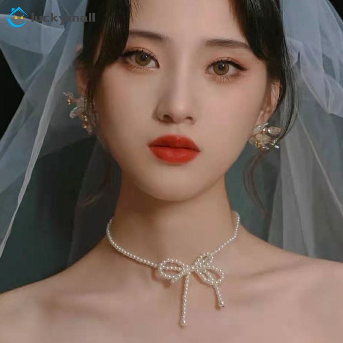 Vòng cổ choker mặt nơ ngọc trai nhân tạo phong cách retro Hàn Quốc thanh lịch thời trang làm quà tặng cho nữ