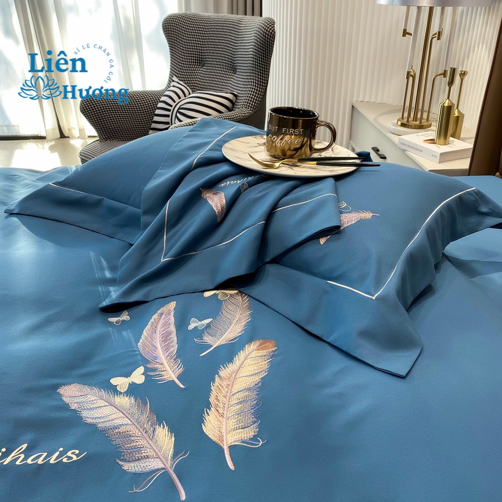 Bộ Chăn Ga Gối 4 Món Chất Liệu Cotton Nilen Bonknot Thêu Họa Tiết Nhập Khẩu Cao Cấp
