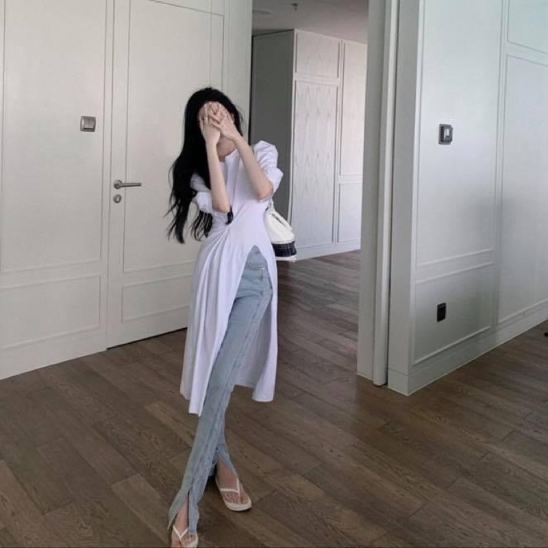 Áo thun form dài thiết kế cách điệu tay ngắn phồng suông xẻ tà trơn - Order taobao quảng châu