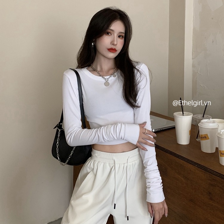 Áo Thun Croptop Tay Dài Màu Trơn Dáng Ôm Phong Cách Hàn Quốc Thời Trang Mùa Thu Cho Nữ 2 Màu Lựa Chọn
