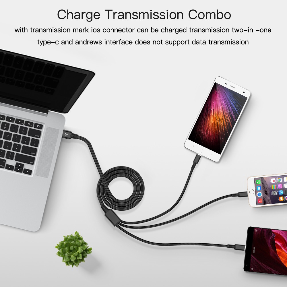 2.3A Fast USB Charging Phone Cable 3 in 1 USB Type-C IOS Light Charging Cable For iPhone Oppo Redmi