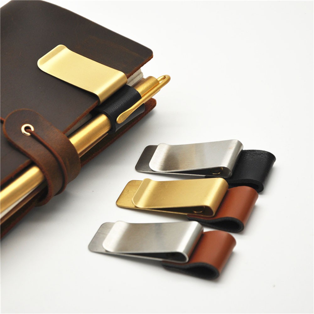 CACTU Office Supplies Stainless Steel Clips Convenient Brass Pen Folder Notebook Holder Portable Useful Metal Stationery Handmade Leather
