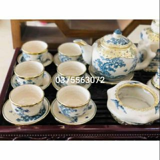 Bộ ấm chén quả hồng men rạn vẽ bọc đồng Bát tràng