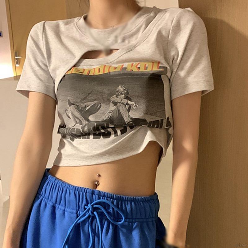 Áo thun croptop tay ngắn thiết kế khoét lỗ độc đáo phong cách Hàn Quốc thời trang mùa hè cho nữ