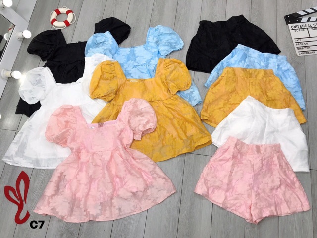 Sét bộ áo baby doll kèm quần short voan tơ hoa nổi