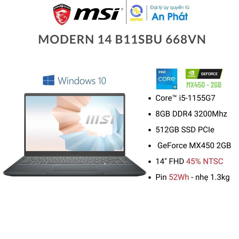 Laptop MSI Modern 14 B11SBU 668VN / 848VN ( intel Gen11 | RAM 8GB | 512GB SSD | 14" FHD | Win10) | WebRaoVat - webraovat.net.vn