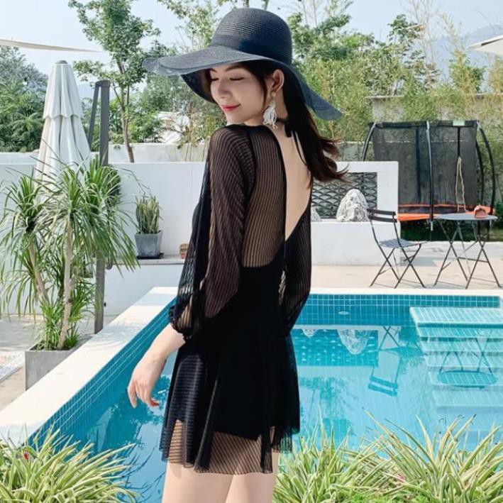Áo tắm nữ váy liền thân mẫu mới 2020 áo bơi sinh viên Bảo Thủ Size Lớn che bụng màu đen tôn dáng mỏng sexy  ཾ  ཾ