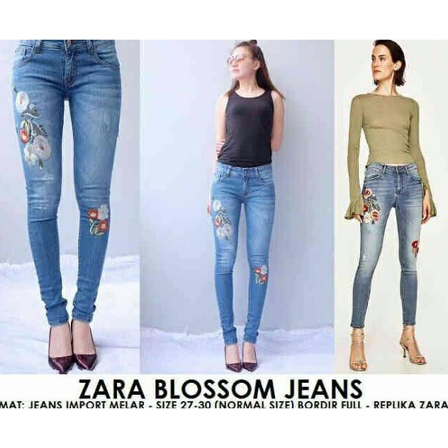 Zara Quần Jean Skinny Thêu Hoa Xinh Xắn Dành Cho Nữ