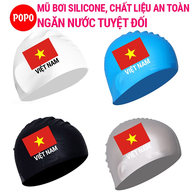 Mũ bơi người lớn silicone CA40 chính hãng POPO in Cờ Việt Nam nón bơi người lớn (nam, nữ) ngăn nước dùng thi đấu tập bơi