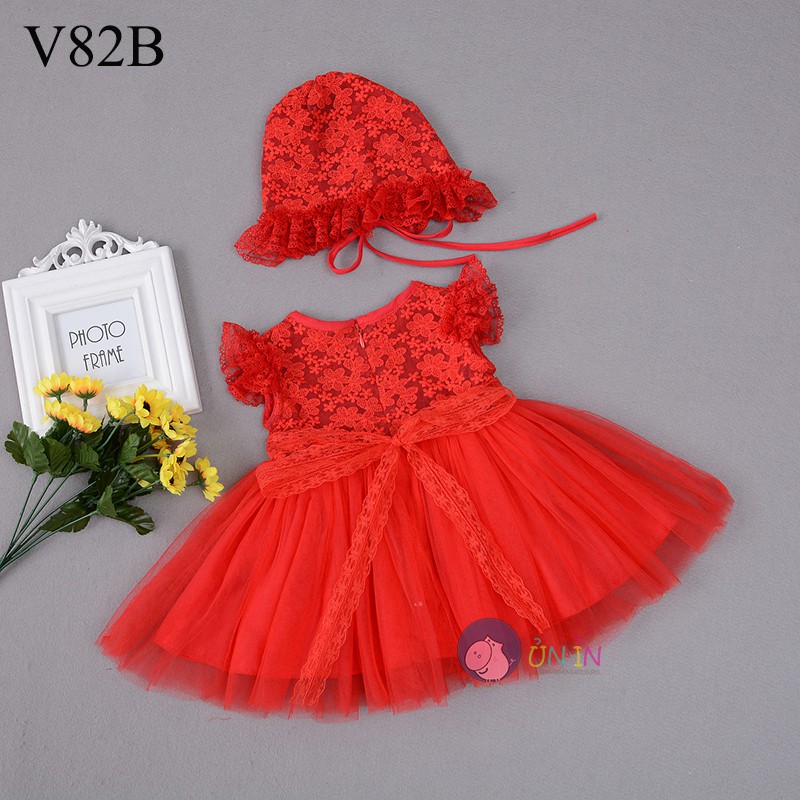 Đầm Bé Gái Dễ Thương Lưới Ren Công Chúa Tay Ngắn Kèm Nón - V82