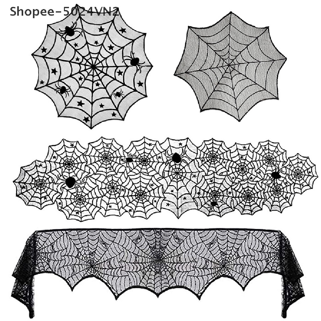 Khăn Trải Bàn Trang Trí Tiệc Halloween Hình Lưới Nhện Đầu Lâu Phối Ren Màu Đen