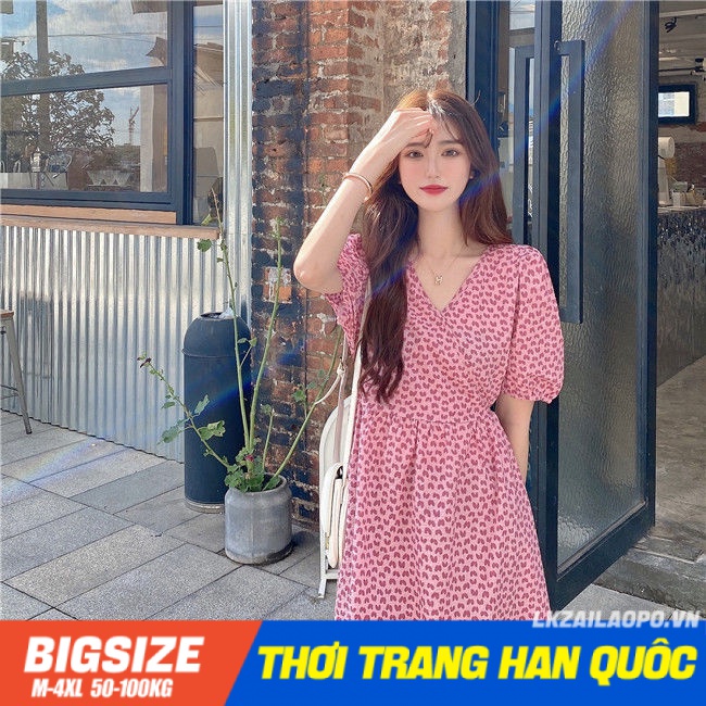 Đầm hoa nhí dáng dài Bigsize Váy nữ tay ngắn cổ chữ v che bụng mỡ ôm eo mùa hè Phong cách Hàn Quốc Thời Trang tiểu thư cá tính xinh đẹp cho người mập béo