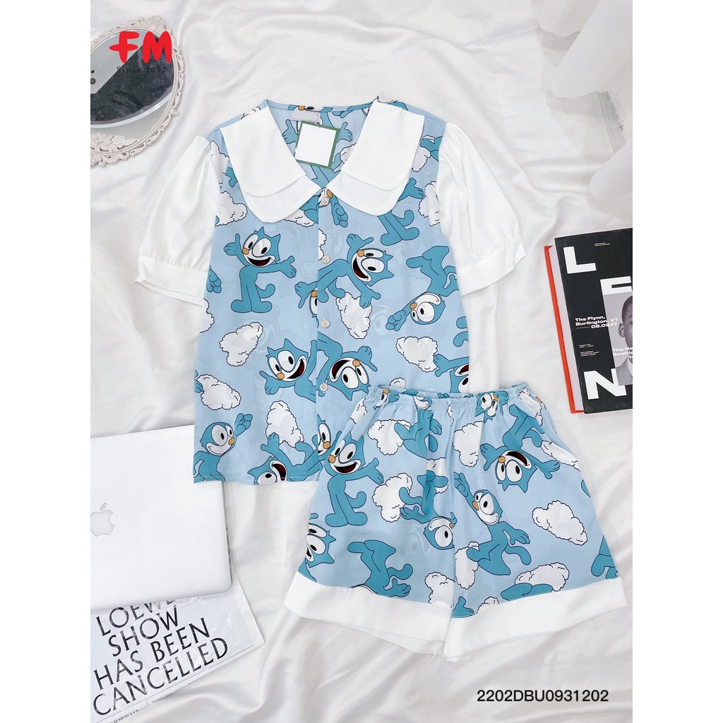 Đồ bộ nữ FM Style pijama lụa mặc nhà ngắn tay quần đùi cổ bèo dễ thương thời trang 220212021
