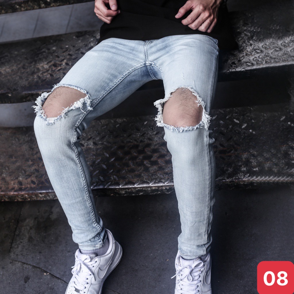 Quần jean nam rách gối to màu xanh nhạt trơn chất jeans bò cao cấp co dãn 4 chiều rin form dáng skinny A6 mẫu mới