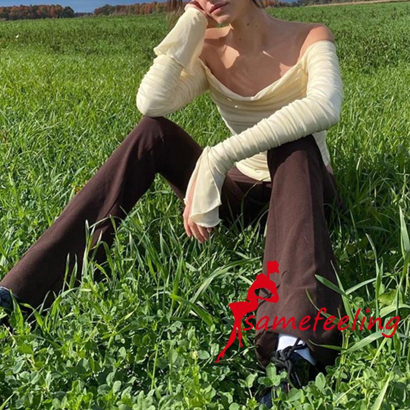 Sf-Phụ nữ mùa hè Top Pure tiếp xúc vai lưới dài tay áo xếp li mỏng áo thun ngắn Màu đặc