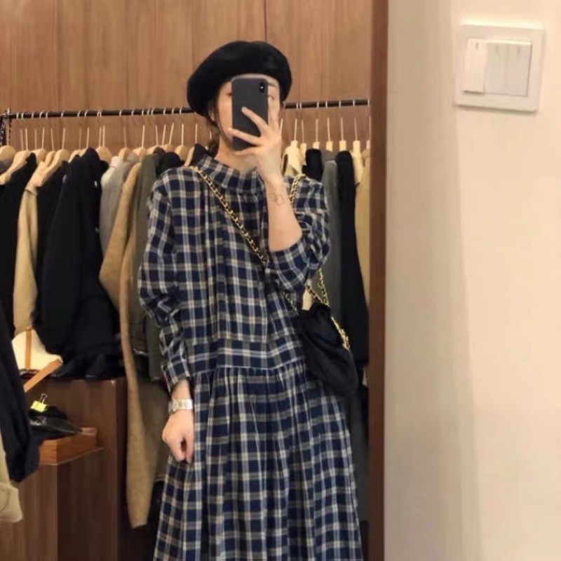 Order | Đầm caro dài tay dáng dài xếp ly