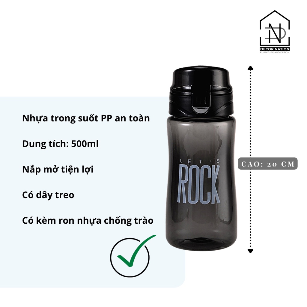 Bình Nước Nhựa Trong Suốt và Matte Có Quai Dung Tích 500ml-520ml-600ml Thể Thao Học Sinh