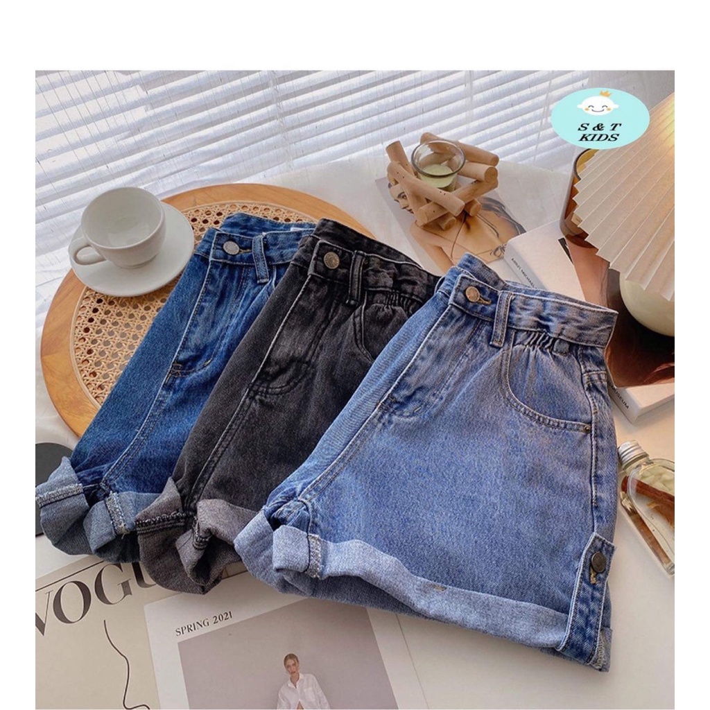 (20-35kg)Quần đùi denim dáng rộng thời trang phong cách hàn quốc cho bé, quần short bò bé gái xinh xắn