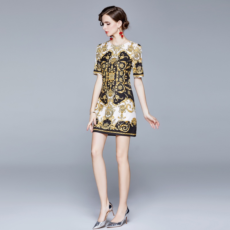 Đầm Tay Ngắn Cổ Tròn In Họa Tiết Phong Cách Retro Thời Trang Cho Nữ