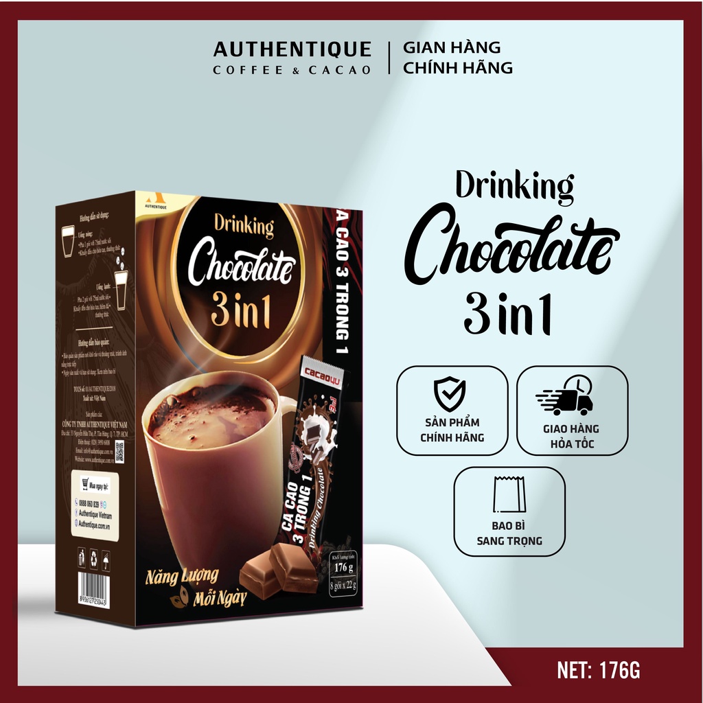 Bột Cacao sữa 3in1 Drinking Chocolate - Hộp 8 gói x 22g  - Đậm vị Socola | Authentique Cacao