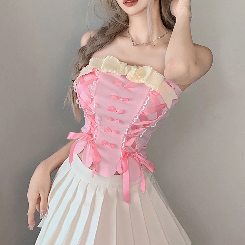 Áo Lót Croptop Màu Hồng Hở Lưng Phong Cách Vintage Đường Phố Cho Nữ