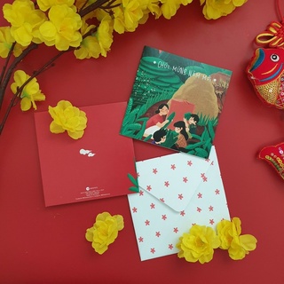 Thiệp Tết CHÚC MỪNG NĂM MỚI vuông 12cm SDstationery bà cháu nấu bánh chưng bánh tét