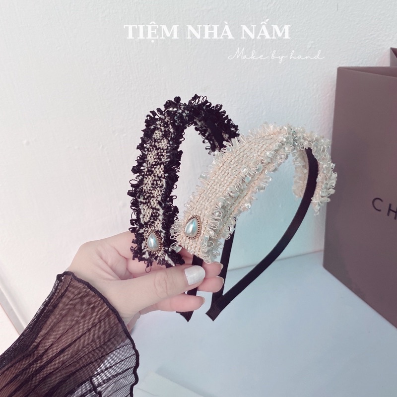 BỜM / CÀI TÓC NƠ DẠ TWEED ĐÍNH ĐÁ SANG TRỌNG - [ Nhà Nấm handmade ]