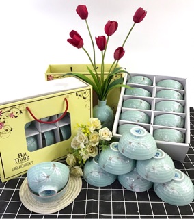 Bộ bát cơm men ngọc vẽ hoa tre