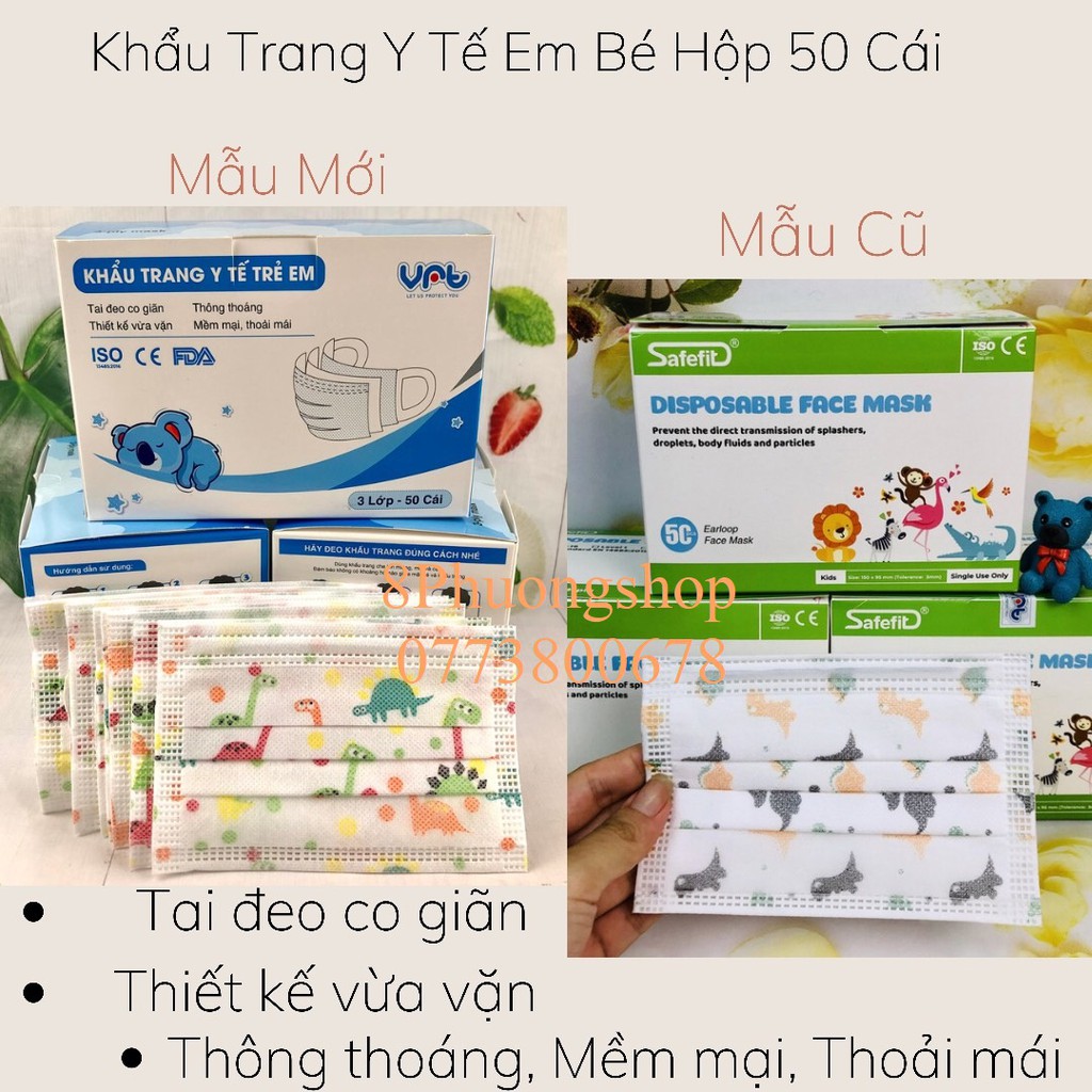 Khẩu trang y tế cho bé 6 – 13 tuổi màu Xanh/ in hình ngộ nghĩnh - Khẩu trang 3 lớp kháng khuẩn cho bé 50 cái/ hộp