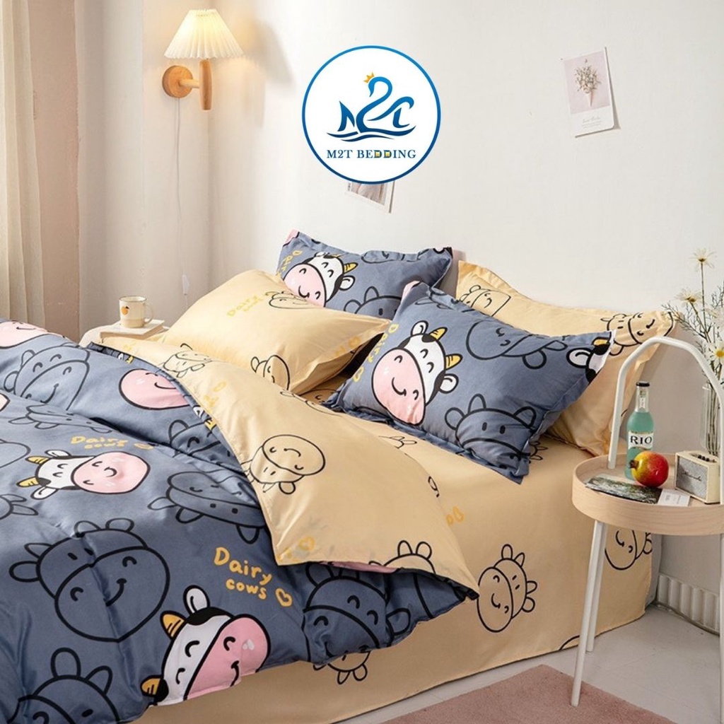 Bộ chăn ga gối Cotton poly m2t bedding gồm vỏ chăn mền, drap ga giường và 2 vỏ gối nằm - PL bò sữa vàng ghi
