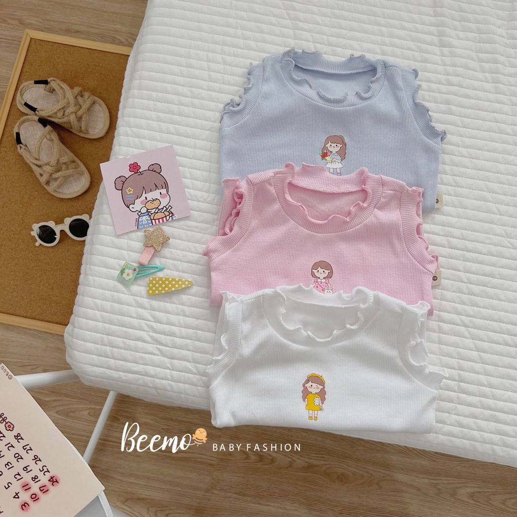 Bộ thun tăm ba lỗ cho bé gái, bộ sát nách bánh bèo xinh xắn Beemo