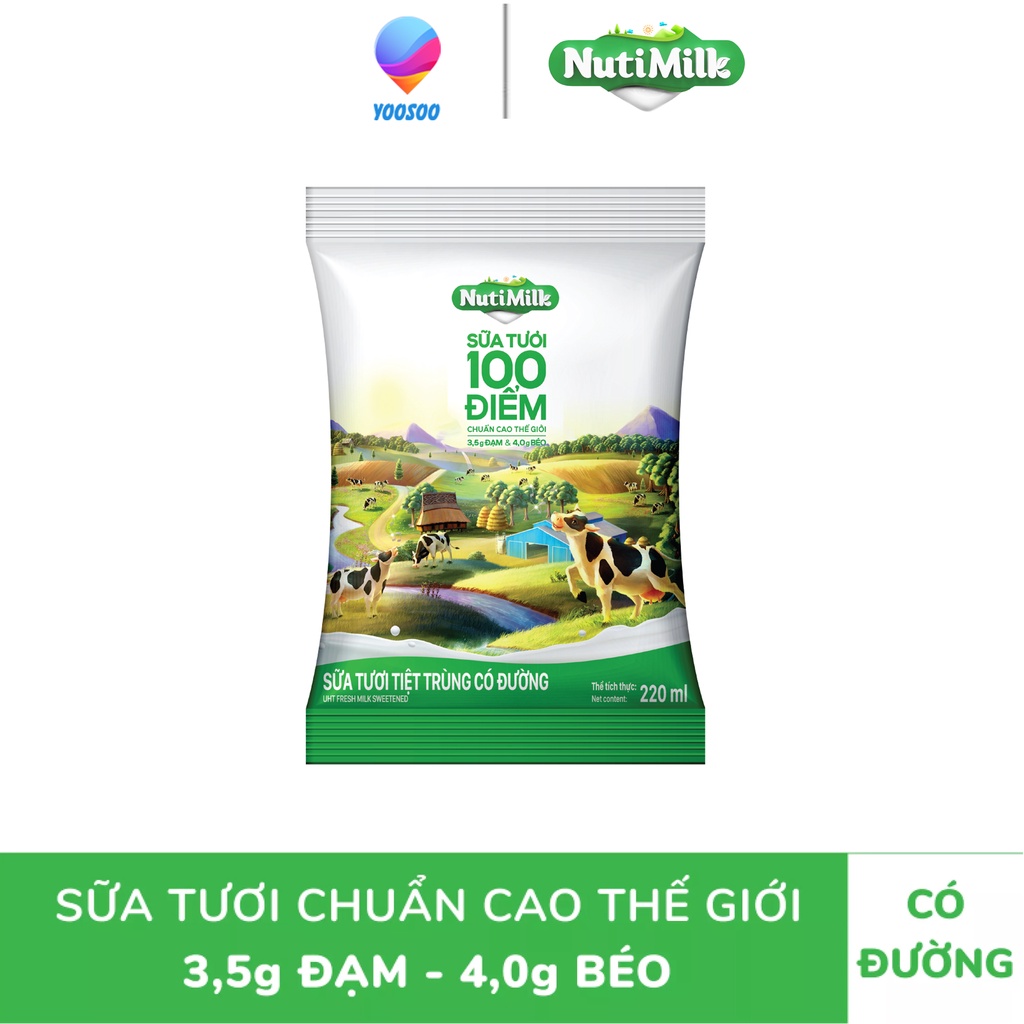 01 Thùng 48 Bịch NutiMilk Sữa tươi 100 điểm Ít Đường/ Có Đường/ Không Đường Fino Bịch 220ml - NUTIFOOD - YOOSOO MALL