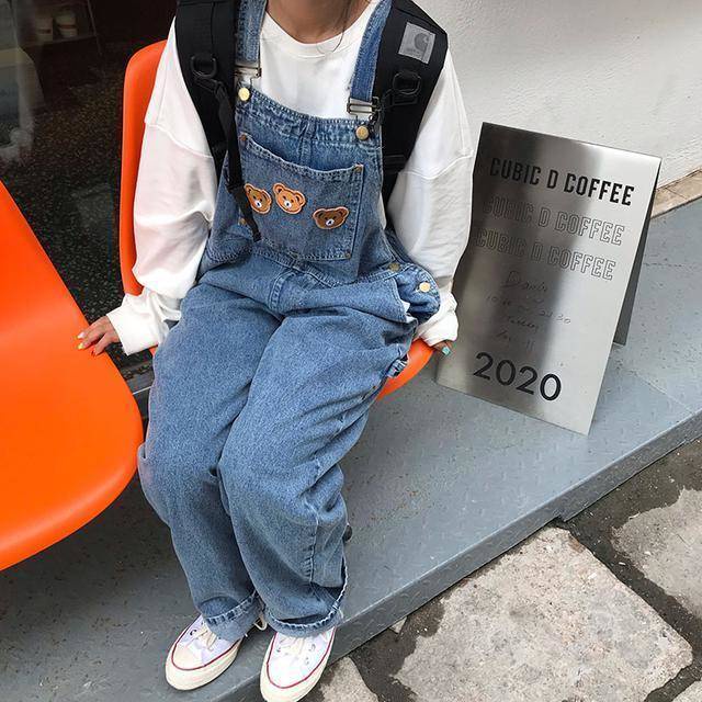 Quần Yếm denim Thêu Hình Gấu Dễ Thương Dành Cho Nữ