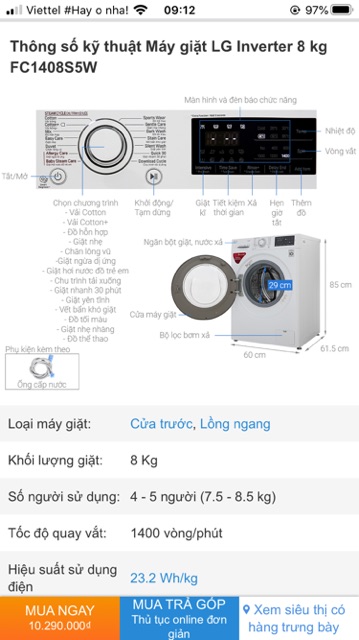 Máy giặt LG 8kg- inventer 1408S5W