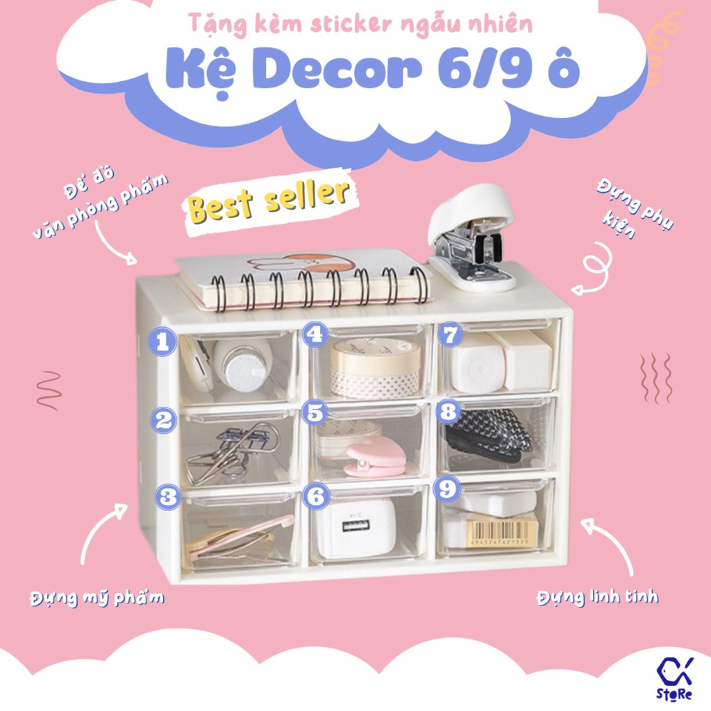 (Tặng kèm sticker) Kệ decor bàn học, đựng trang sức mỹ phẩm 6/9 ô Cá Store